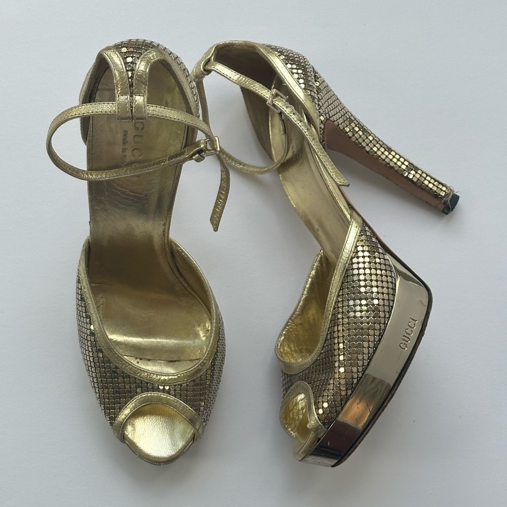 Gucci Gold Peep Toe Heels